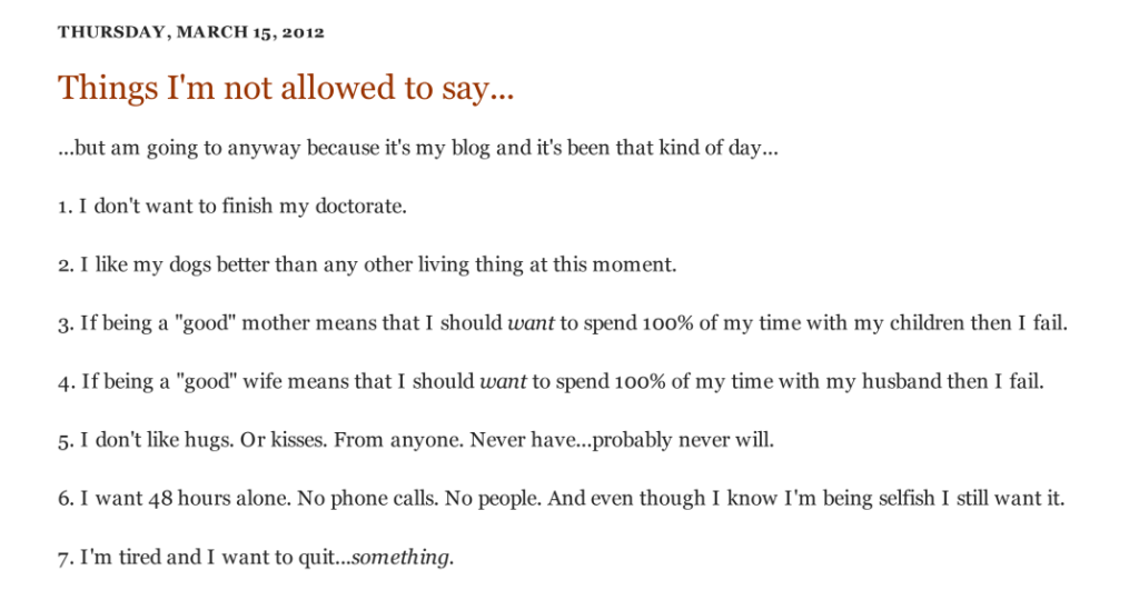"Things I'm not allowed to say" post from "Life on the Dean's List", March 2012